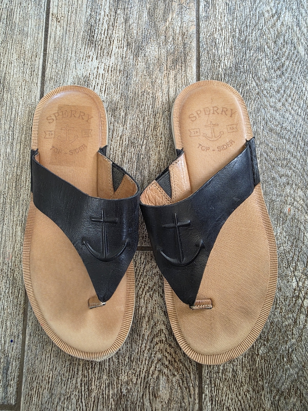 Sperry Top Sider Seaport Black Leather Thong Sandals Sz 6